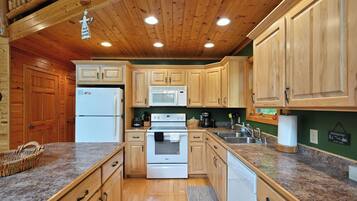 Een magnetron, een oven, een kookplaat, een vaatwasser