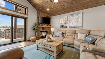 Smart TV, fireplace, books