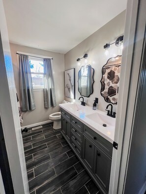 Secadora de cabello, toallas, jabón, papel de baño 