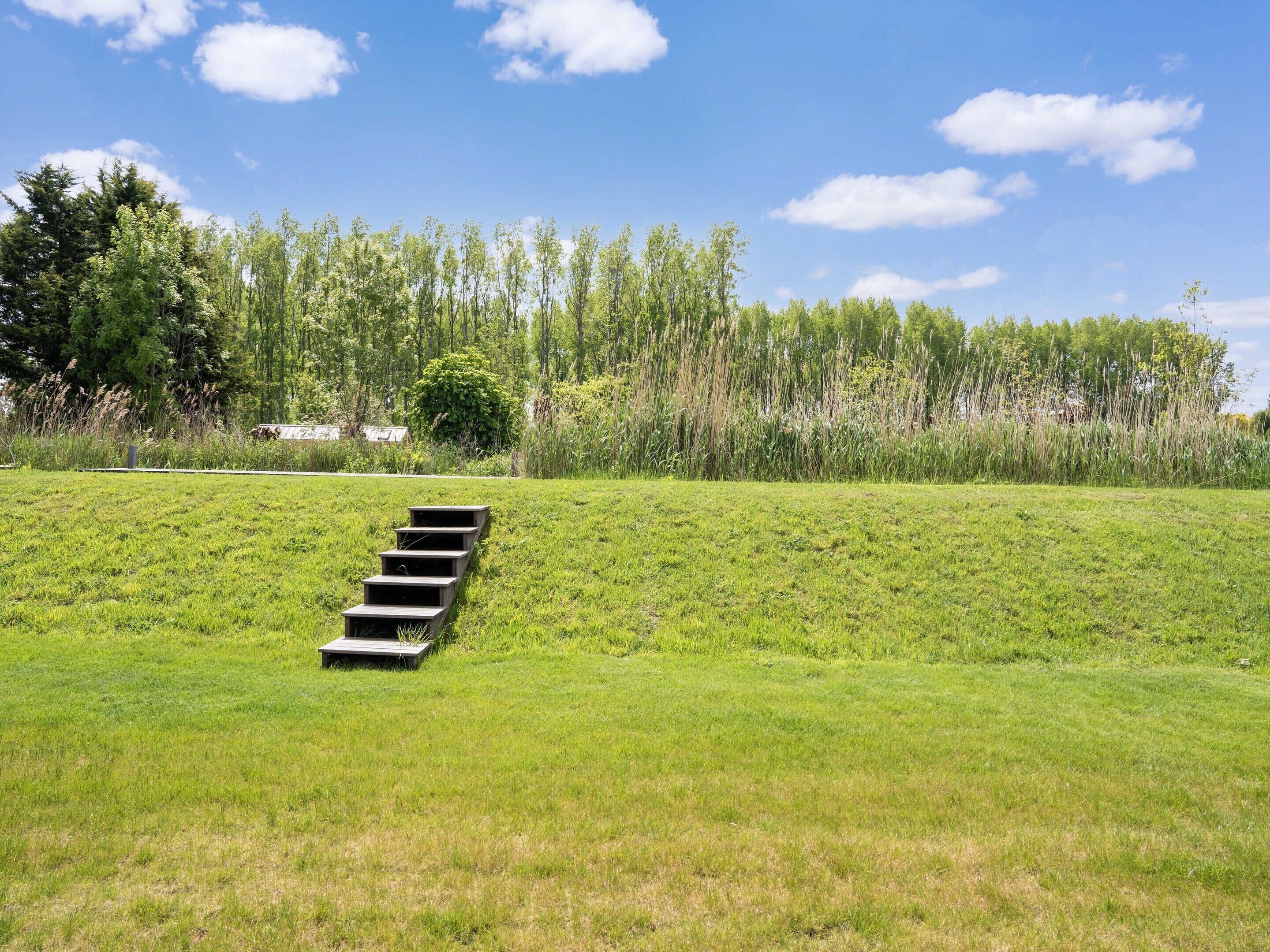 A grassy field with a series of wooden steps leading up a hill.