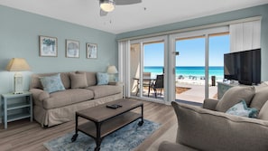 Condo, Multiple Beds, Patio, Ocean View (Crystal Sands 112B) | Living area | 42-inch flat-screen TV with digital channels - Crystal Sands 112b: Beachfront Condo With Front-row Gulf Views (Destin)