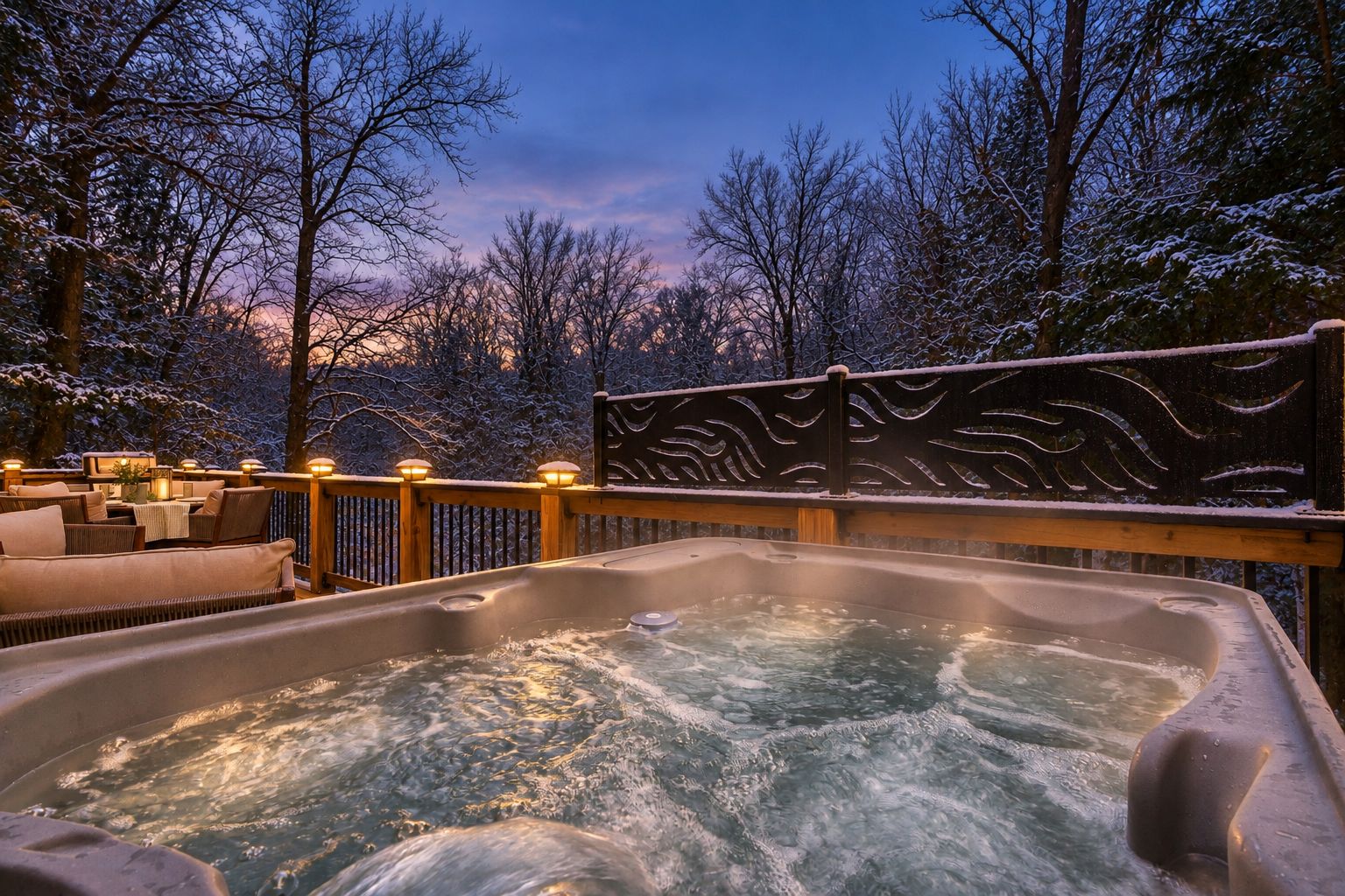 Un jacuzzi en una terraza de madera con barandilla, rodeado de árboles y un cielo crepuscular.