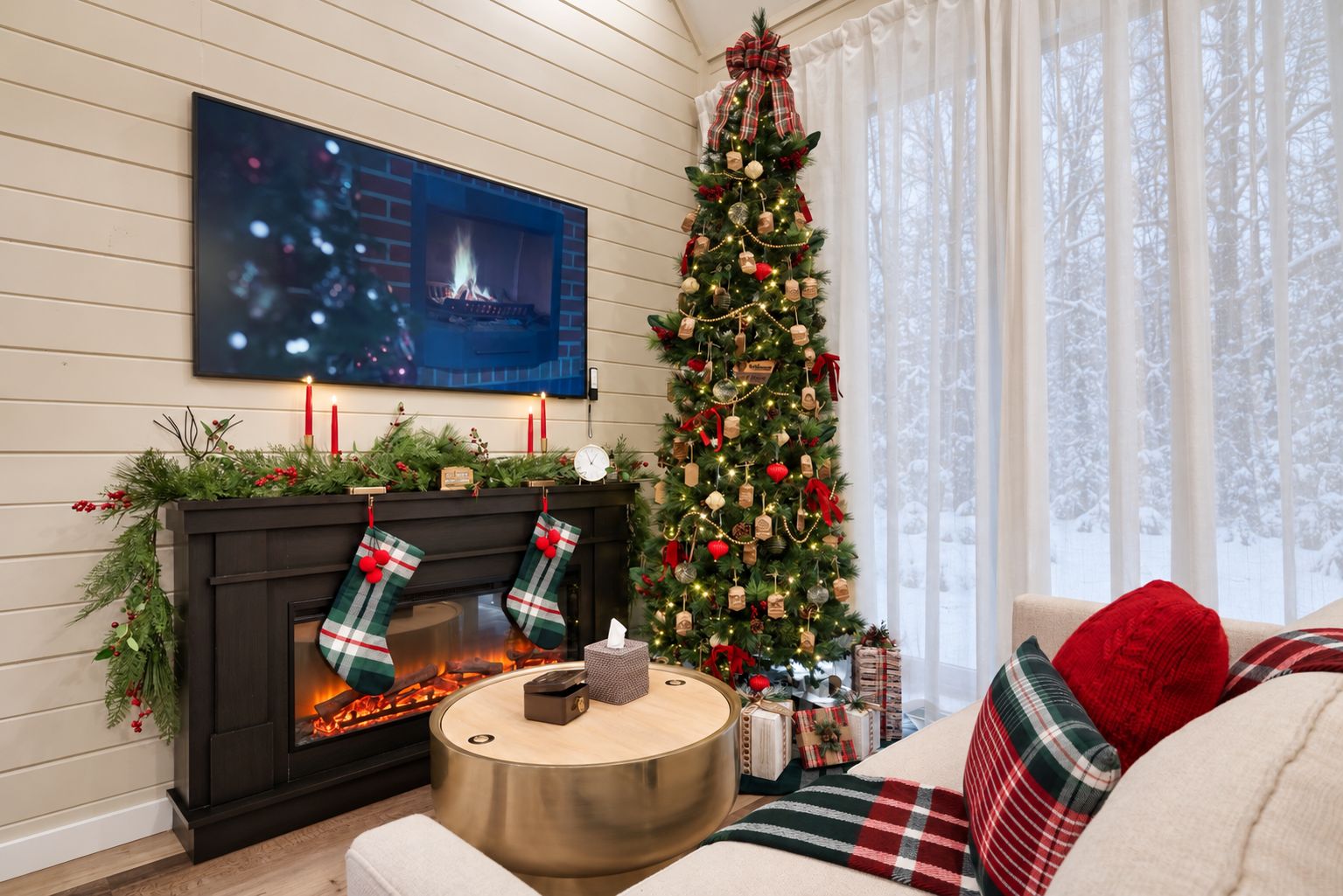 Un salon chaleureux avec une cheminée, un sapin de Noël et un canapé confortable.
