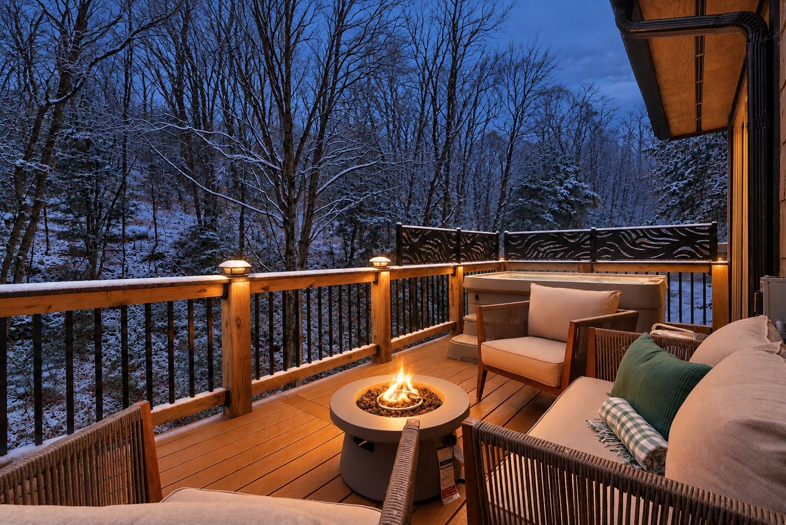 Una terraza con mobiliario exterior, un hogar para la leña y vistas a un bosque nevado.