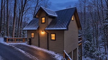 A two-story wooden cabin with a metal roof, surrounded by snow-covered trees.