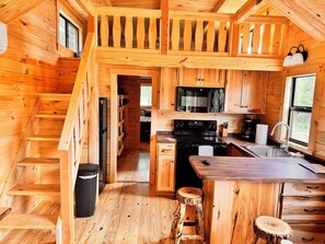 Een microgolfoven, een oven, een kookplaat