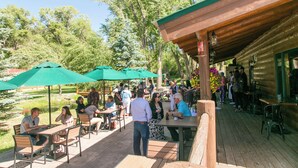 An outdoor patio area with wooden tables and chairs, green umbrellas, and a wooden deck.