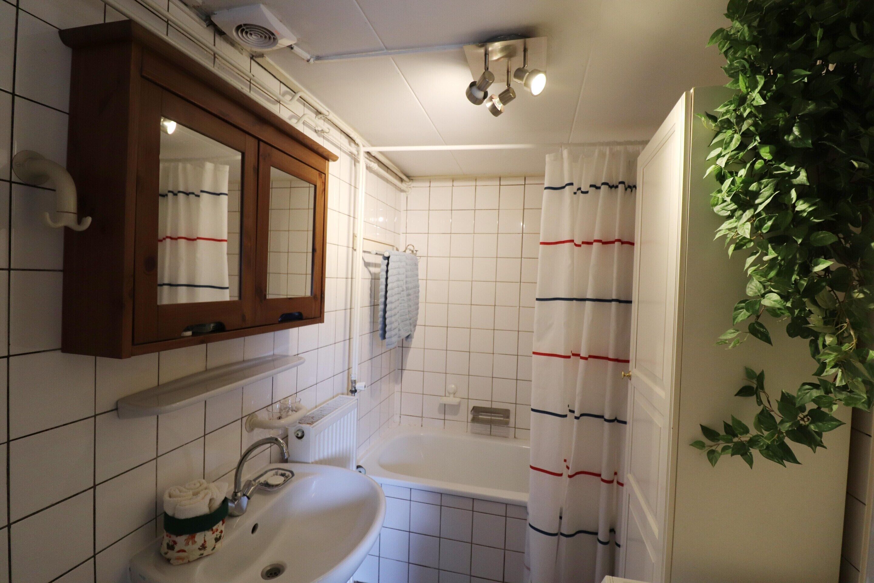 A bathroom with a white sink, mirror, and bathtub. There is a towel rack with a towel and a green plant on the wall.