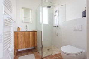 Shower, hair dryer, soap, toilet paper
