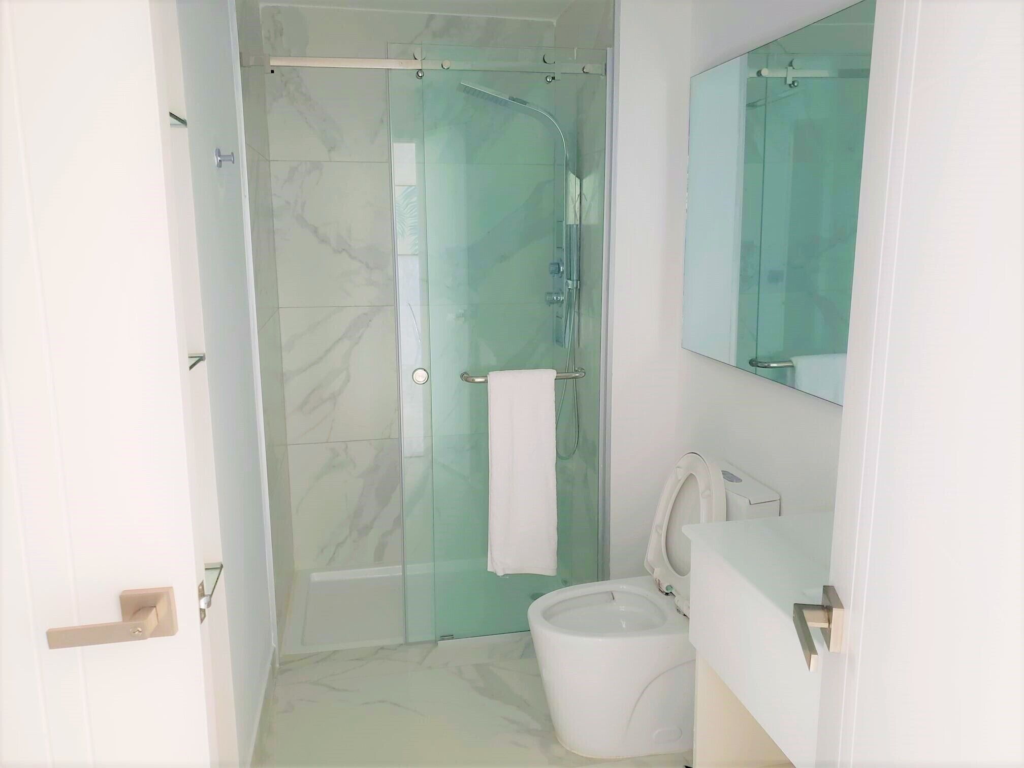 A bathroom with a glass shower enclosure, a toilet, and a sink with a mirror above it.
