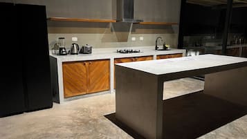 Family Villa, Air conditioning, Beach View | Private kitchen | Full-size fridge, microwave, stovetop, coffee/tea maker