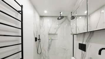 Shower, hair dryer, shampoo