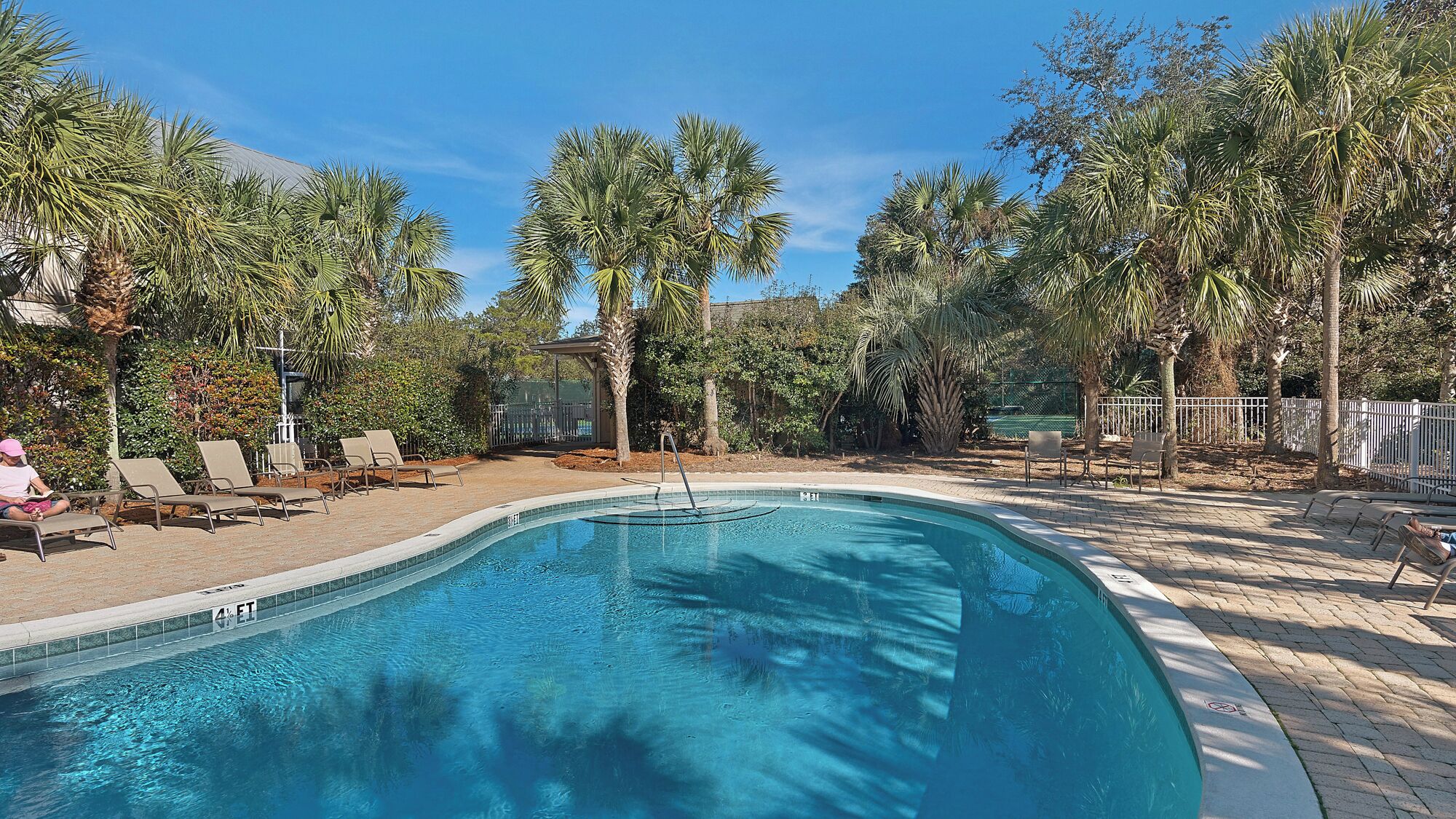 A swimming pool with lounge chairs and palm trees.