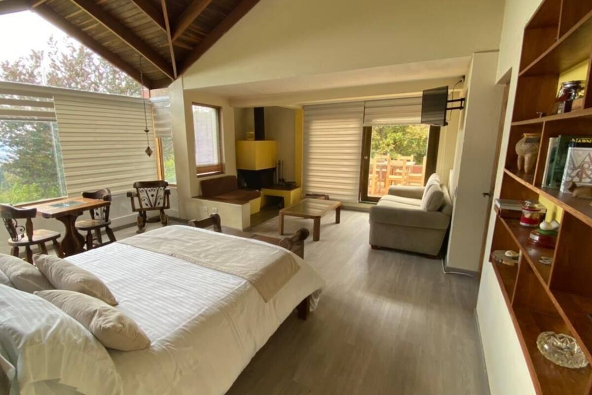 A bedroom with a large bed, a sofa, a small table, and a TV. There are windows with blinds, a bookshelf, and a view of the outside.