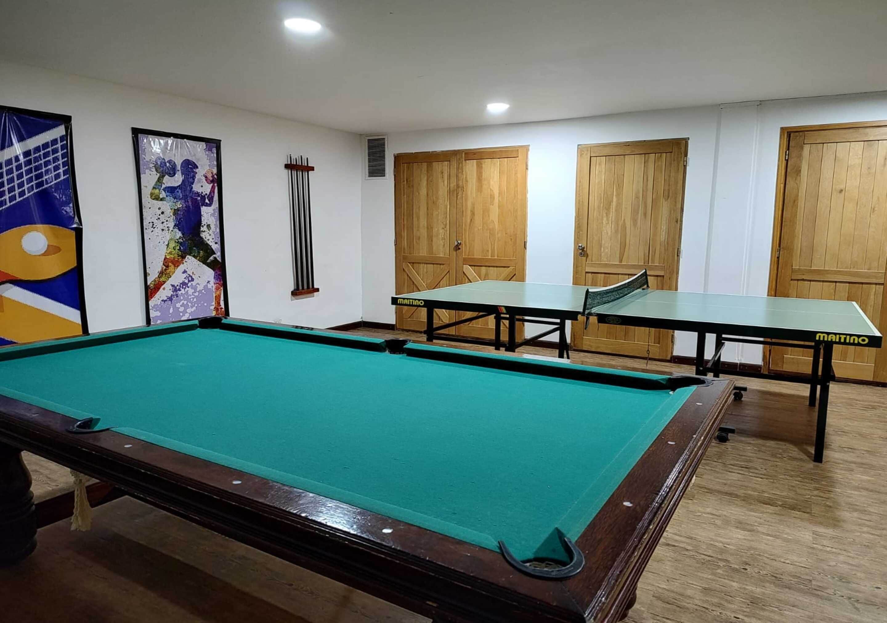 Ein Billardtisch mit grüner Spielbahn, eine Billardkeule und ein Tischtennistisch mit schwarzem Netz. An der Wand befinden sich Holztüren und ein gerahmtes Bild.