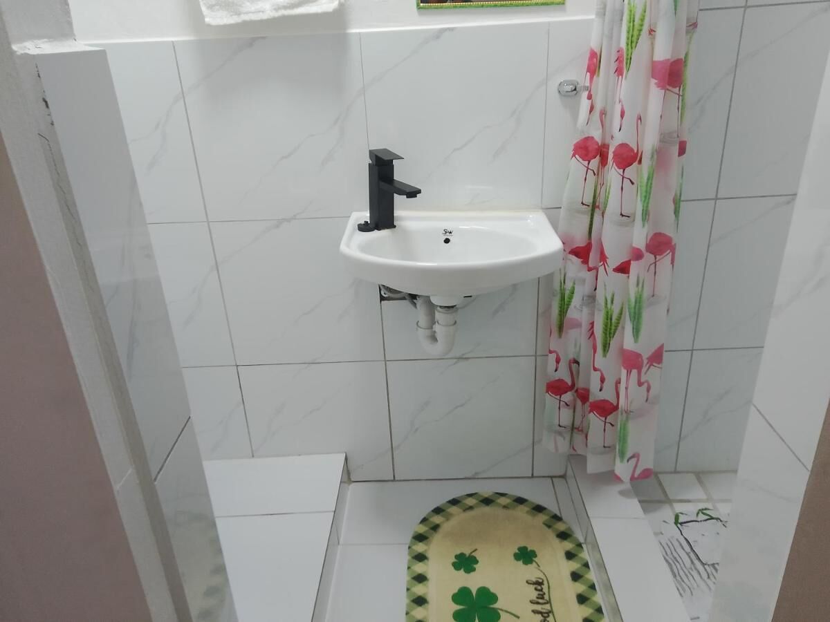 A bathroom with a white sink, a toilet, and a shower curtain with a floral pattern.