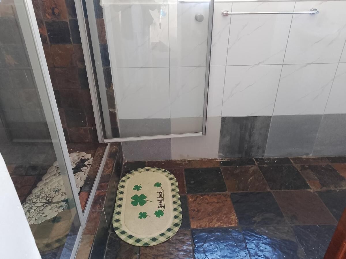 A bathroom with a shower area, a tiled floor, and a decorative mat with a clover design.