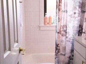 Hair dryer, towels, soap, toilet paper