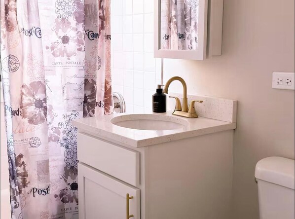 Hair dryer, towels, soap, toilet paper