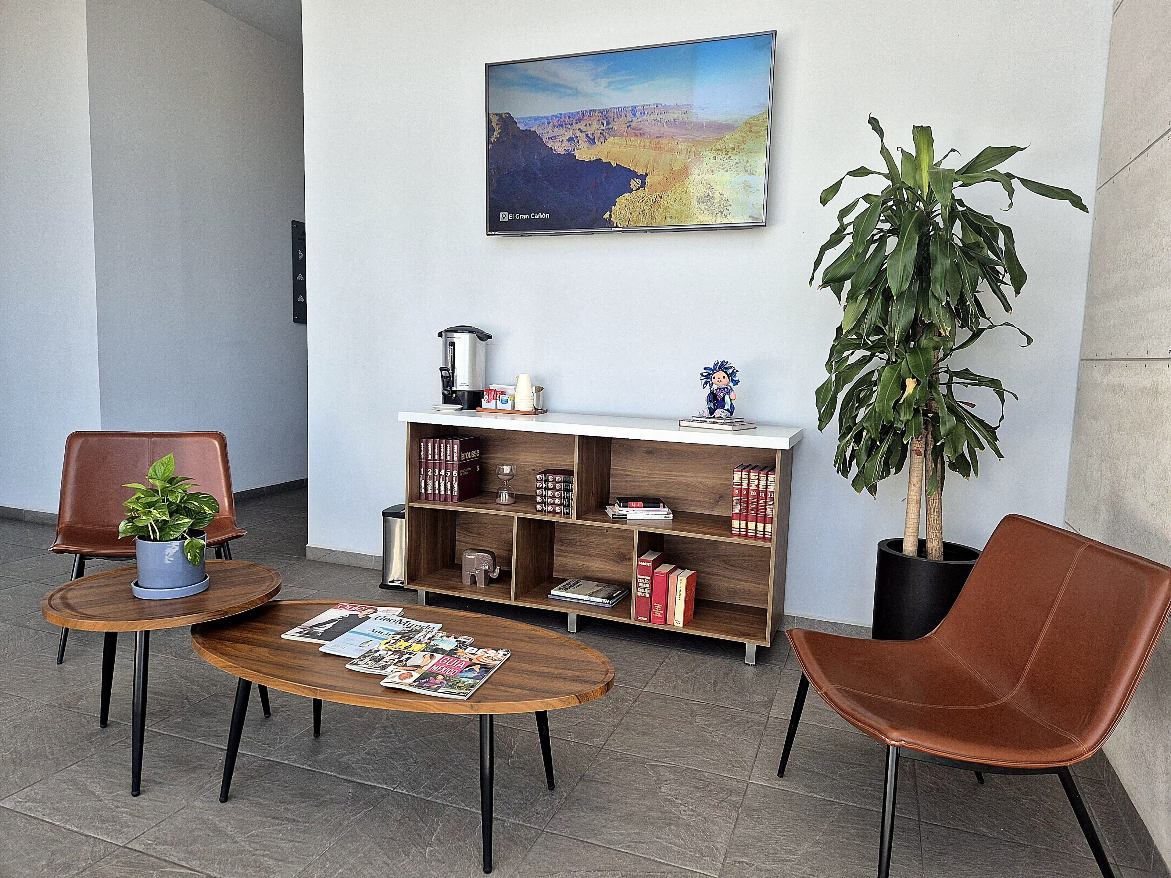 A modern interior with a wooden coffee table, two leather chairs, a bookshelf, a potted plant, and a wall-mounted painting.