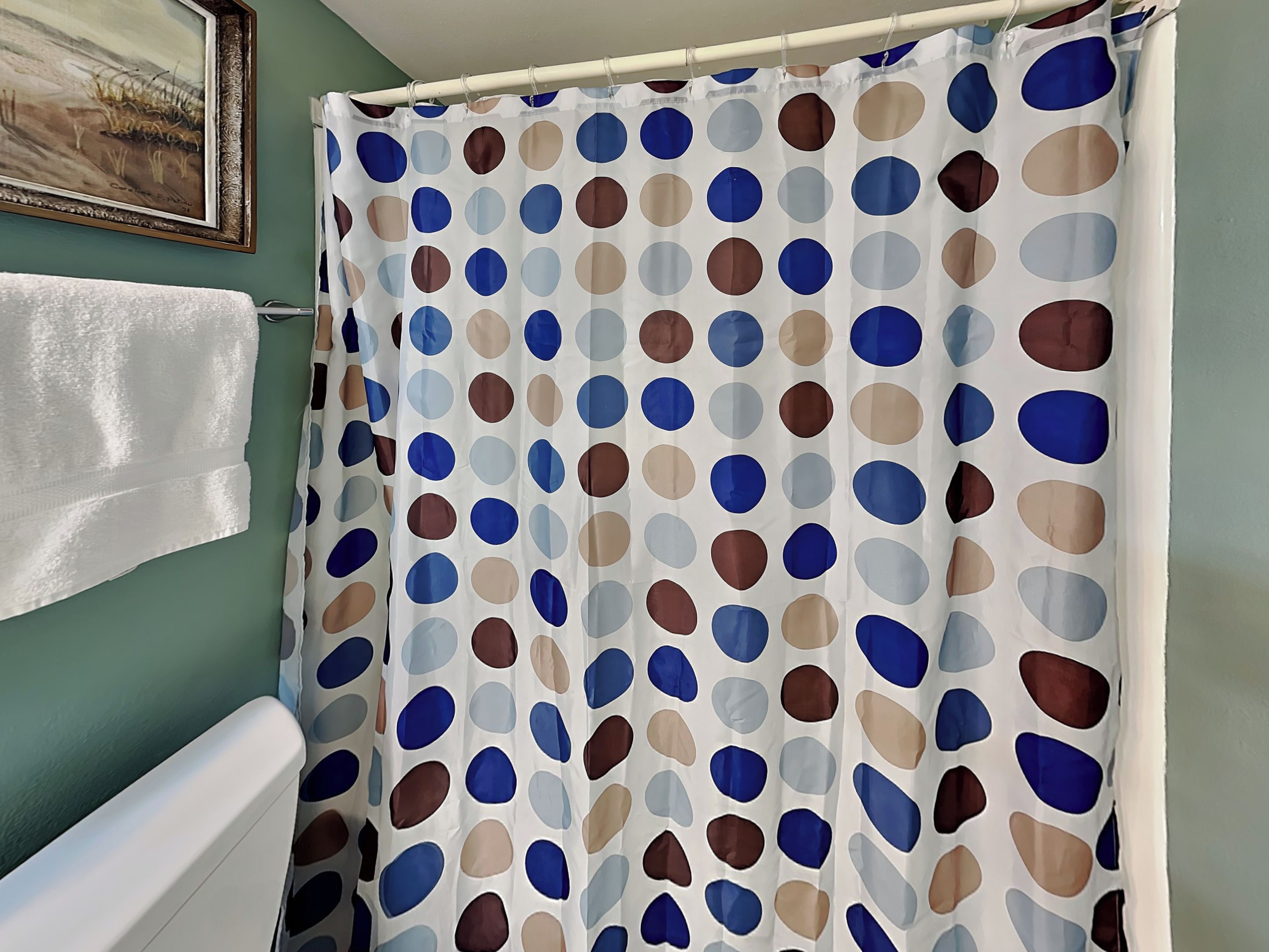 A bathroom with a shower curtain featuring a polka dot pattern.