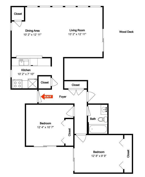 A floor plan with a dining area, kitchen, two bedrooms, a bathroom, a foyer, and a closet.