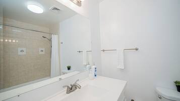 A modern bathroom with a large mirror, a shower, a sink with two bottles of soap, and a toilet.