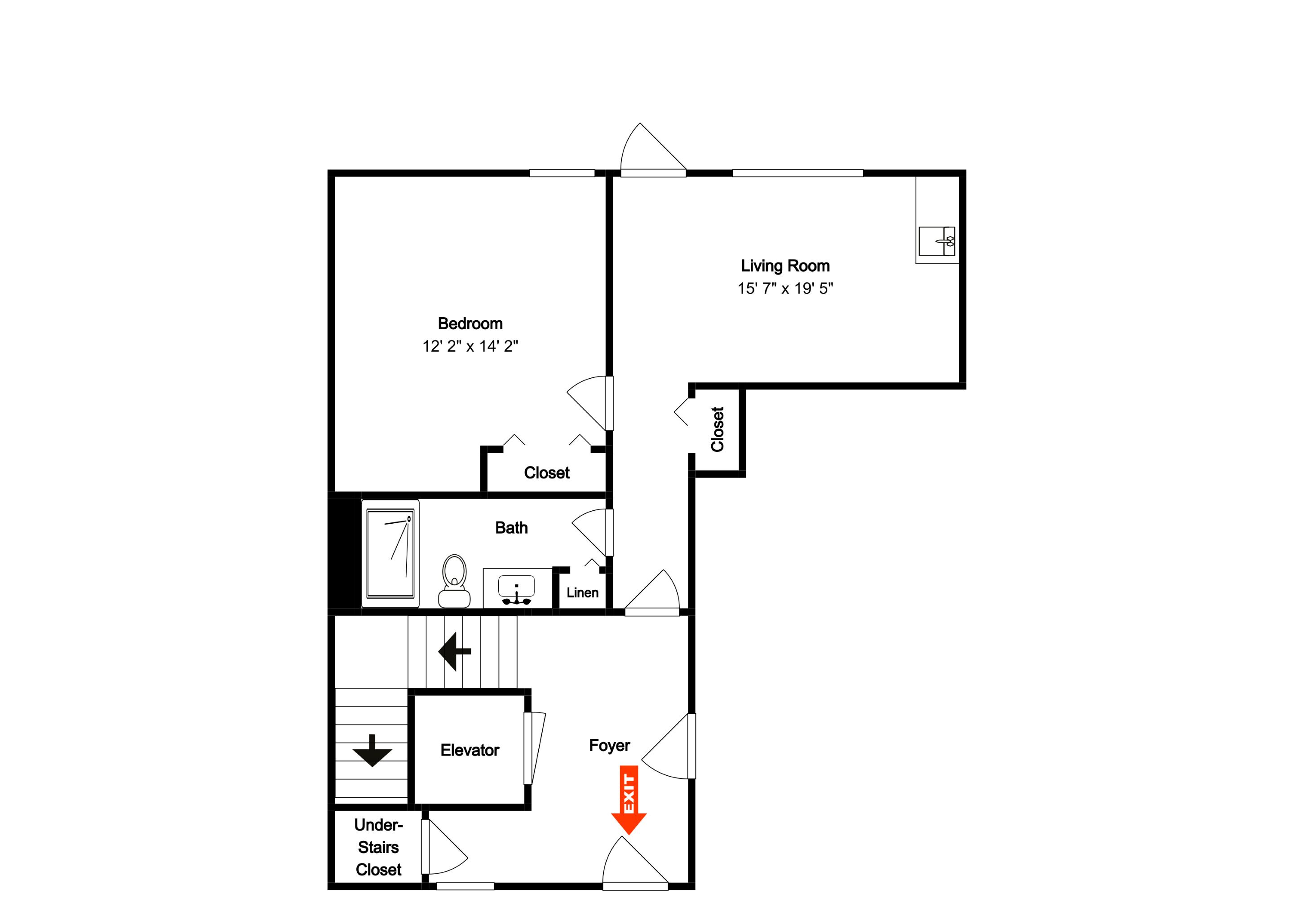 A floor plan of a hotel room with a bedroom, living room, closet, bathroom, and under-stairs closet.