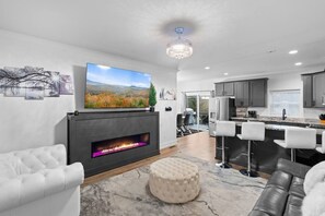 TV, fireplace, books