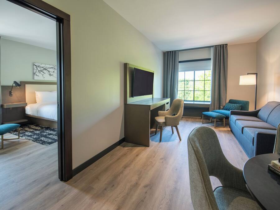 Una habitación de hotel moderna con una cama, un escritorio con televisor, un sofá y una mesa de comedor.