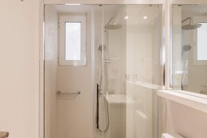 Shower, hair dryer, towels