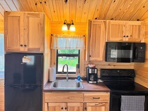 A compact kitchen with wooden cabinets, a black refrigerator, a microwave, a sink, and a window with a view of greenery.
