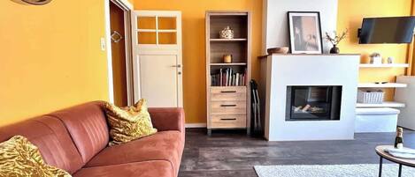 Télévision, cheminée, espaces bureaux