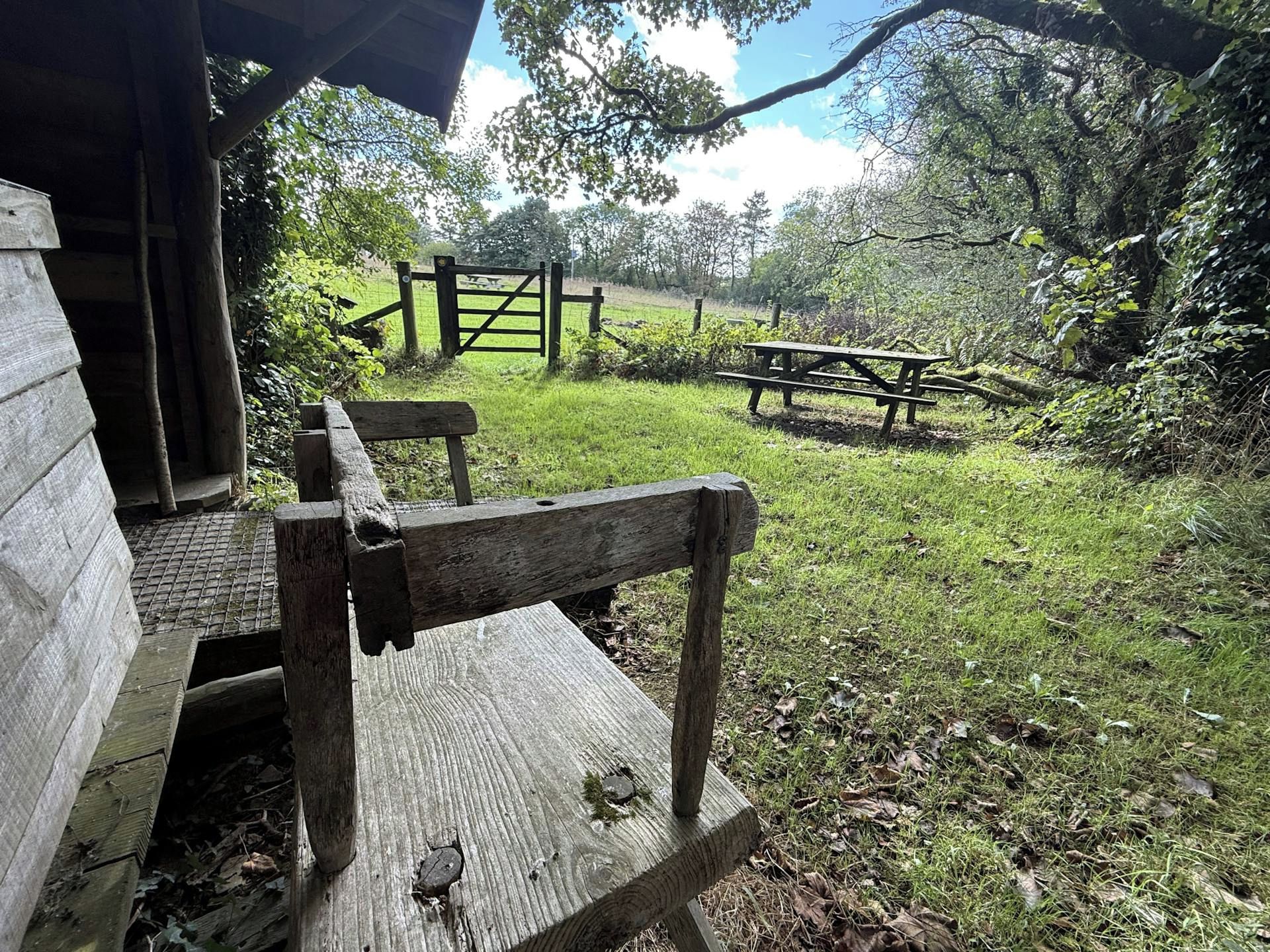 A rustic wooden bench and picnic table in a grassy outdoor area with a wooden structure in the background.