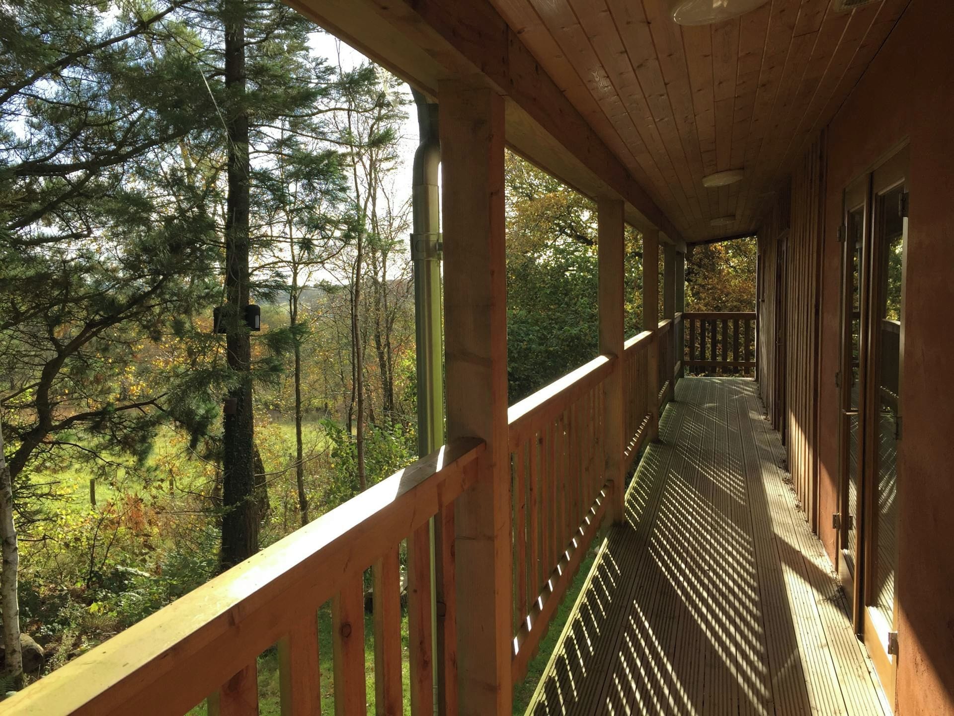 A wooden deck with a railing overlooking a forested area.