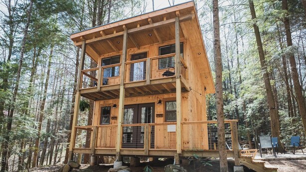 A multi-level wooden cabin in a forest. - Fairytale SQUIRREL'S NEST cabin at Mulberry Gap in Ellijay! (Ellijay)