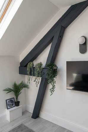 A modern interior with a sloped ceiling, a mounted TV, and a black wooden beam supporting hanging plants.