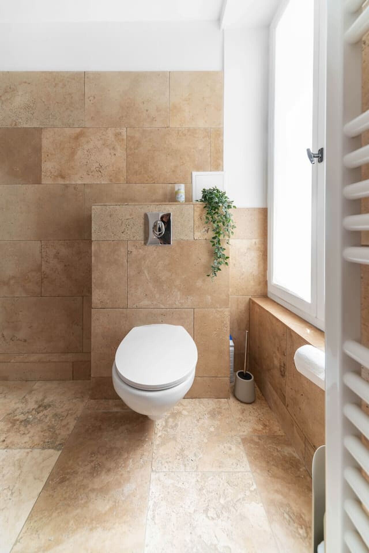 Un baño con un inodoro, un estante pequeño con una planta y una ventana.