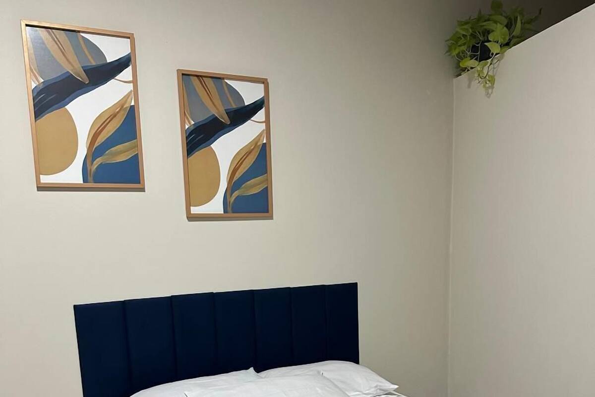 A neatly made bed with a dark headboard, white bedding, and a blue accent. Two abstract paintings are hung on the wall above the bed.