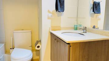 Secador de pelo, toallas, jabón y papel higiénico