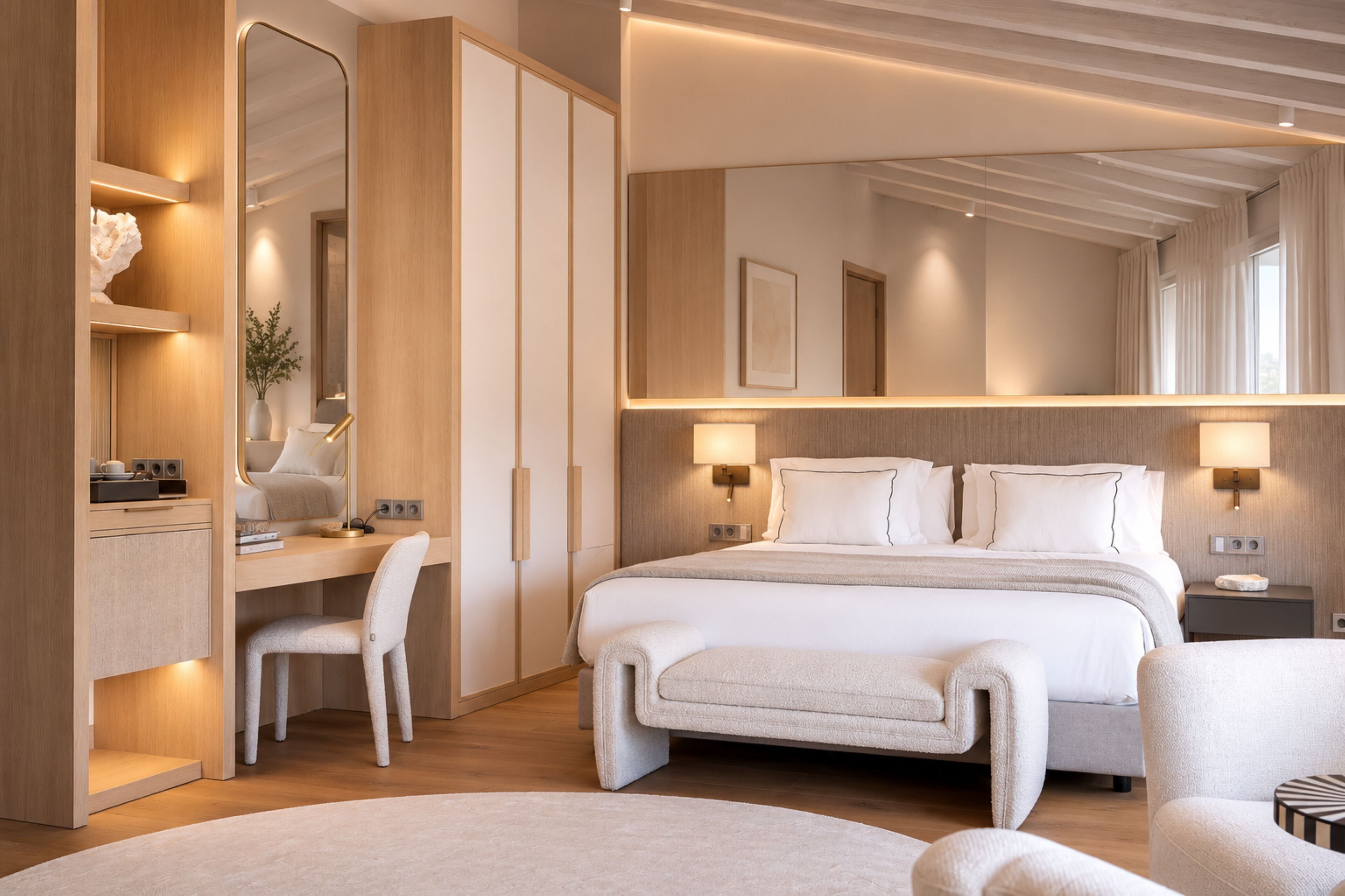 A modern bedroom with a large bed, bedside tables, a desk, and a chair.