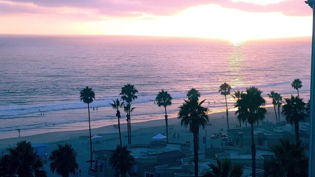 A beach with palm trees and a sunset. - Wyndham Oceanside Pier Resort - 3 Bedroom Ocean View Presidential Suite - Ocean (Oceanside)
