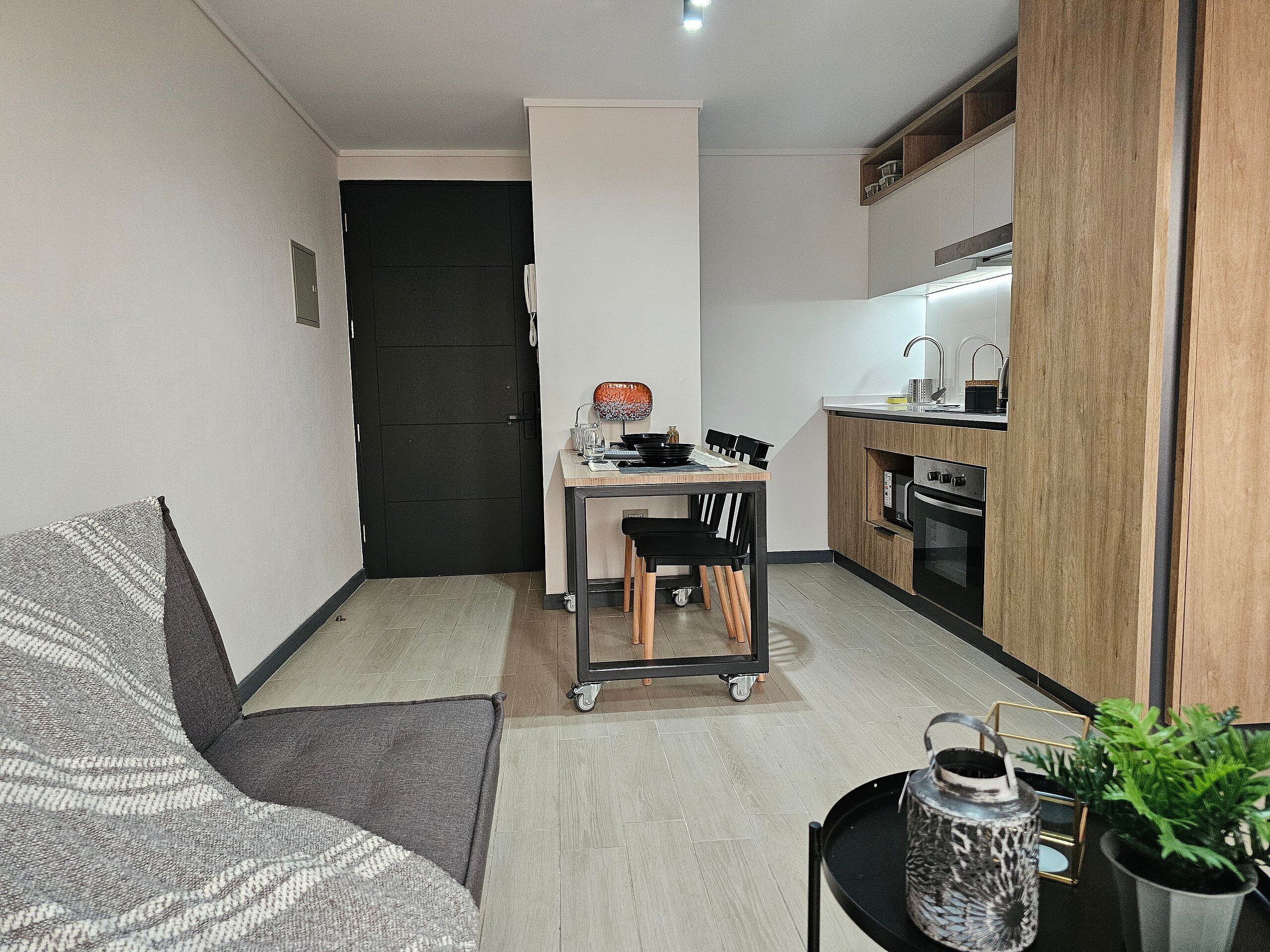 A compact living space with a sofa, a small dining table, a kitchen area with a microwave and oven, and a potted plant.