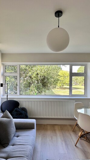 Ein modernes Wohnzimmer mit großem Fenster, einer Couch, einem Sessel und einer Heizung.
