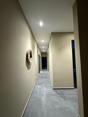 Un pasillo con una lámpara en el techo, un objeto montado en la pared a la izquierda y una puerta a la derecha.