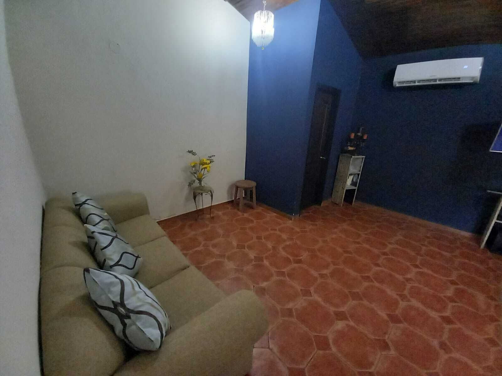 Una sala de estar con un sofá, una mesita con un florero, una lámpara de techo y un equipo de aire acondicionado.