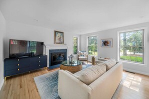 Smart TV, fireplace, video games, DVD player