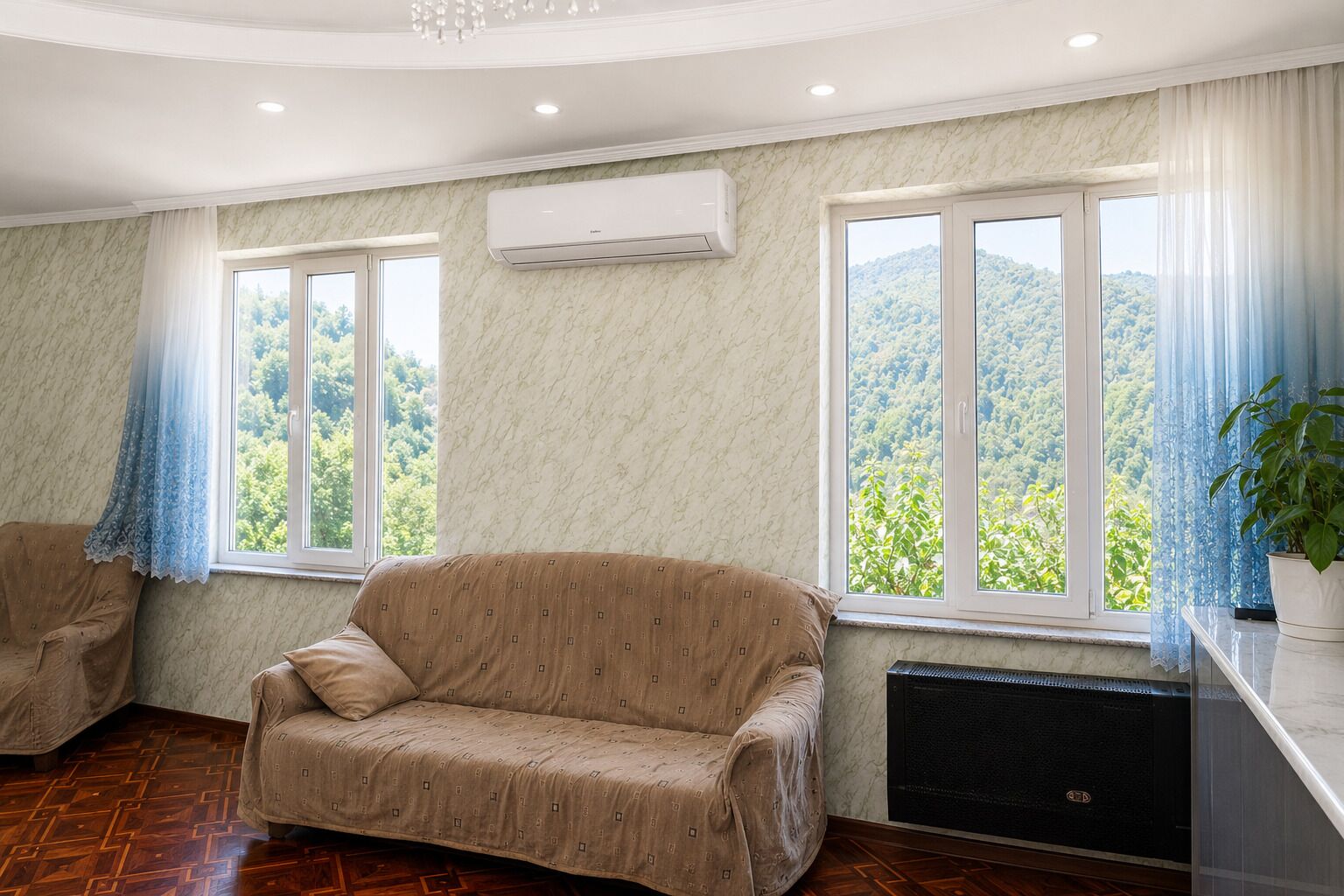 A room with a sofa, two windows with curtains, an air conditioning unit, a radiator, and a potted plant.