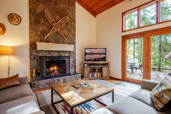 TV, fireplace, ping pong, books
