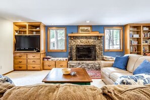 TV, fireplace, ping pong, books